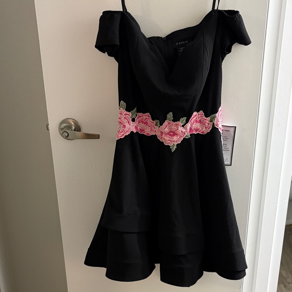 B Darlin Black Strapless Dress with Pink Floral Accents